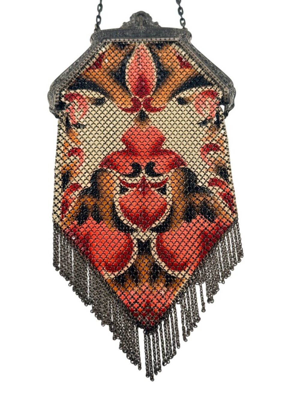 Vintage Mandalian Mfg Co Art Deco Mesh Bag Floral Design & Chain Fringe Detailin - Picture 2 of 16